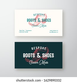 Bespoke Boots Retro Vector Sign, Symbol or Logo and Business Card Template. Vintage Women Shoe Sketch with Typography and Shabby Texture. Premium Stationary Realistic Mock Up. Isolated.