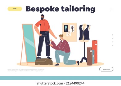 Bespoke Tailoring Concept Of Landing Page With Sewer Sewing Pants On Client. Dressmaking Master Prepare Suit For Man Customer In Fashion Designer Workshop. Cartoon Flat Vector Illustration