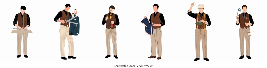 Bespoke Tailoring Process: Set of six illustrations showing professional craftsmen measuring, cutting, sewing, and preparing fine garments.