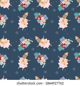 
besshovnyy novogodniy pattern s miloy ovechkoy i podarkami. zimniy print dlya dizayna tkani, podarochnoy upakovki, otkrytok, podushek. rozhdestvenskiy risunok v stile dudl.
seamless new year pattern 