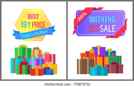 Best 19.99 price discount weekend sale special exclusive offer posters with piles of gift boxes wrapped in decorative color paper vector illustration
