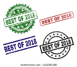 BEST OF 2018 seal prints with distress texture. Black, green,red,blue vector rubber prints of BEST OF 2018 text with corroded texture. Rubber seals with circle, rectangle, medal shapes.