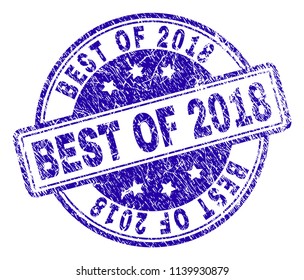 BEST OF 2018 stamp seal watermark with grunge style. Designed with rounded rectangles and circles. Blue vector rubber print of BEST OF 2018 tag with grunge texture.