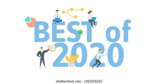 Best of 2020. Concept with people, letters and icons. Colored flat vector illustration. Isolated on white background.