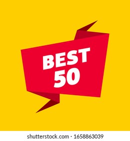 Best 50. Best ten list. 3D red word on red ribbon. Winner tape award text title. Vector color Illustration clipart