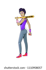 Best of 80s stylish girl listening to music via headphones, holding baseball bat with written phrase, teenager looking in distance vector illustration