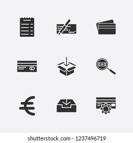 Best 9 banking icon set. search money, euro, download box and credit card setting vector illustration