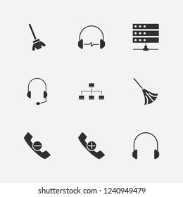 Best 9 cable icon set. headphone, broom, handset and server vector illustration