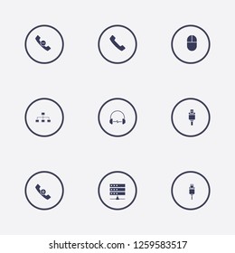 Best 9 cable icon set. computer network, usb plug, headphone and handset vector illustration