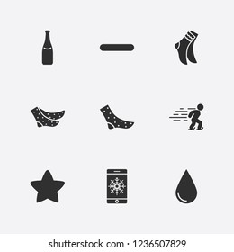 Best 9 cold icon set. ice skating, smartphone in snow, drop and champagne bottle vector illustration