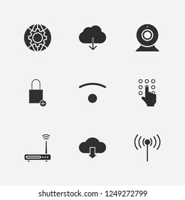 Best 9 connect icon set. globe shield, add shopping bag, cloud download and hand pressing number vector illustration
