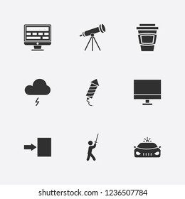 Best 9 dark icon set. coffee cup, raining, exit and telescope vector illustration