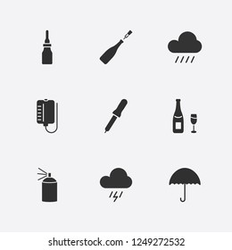 Best 9 drop icon set. blood bag, pipette bottle, rain day and umbrella vector illustration