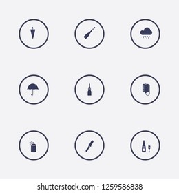 Best 9 drop icon set. umbrella, champagne bottle, pipette bottle and champagne popping vector illustration