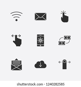 Best 9 finger icon set. smartphone in snow, download cloud, exchange and click vector illustration
