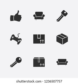 Best 9 flat icon set. box, sofa, key and joystick vector illustration
