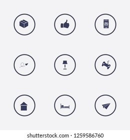 Best 9 flat icon set. home, lampshades, thumb and smartphone in gift vector illustration
