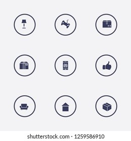 Best 9 flat icon set. joystick, lampshades, smartphone in gift and home vector illustration