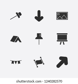 Best 9 frame icon set. paper pin, tent, arrow and garland vector illustration