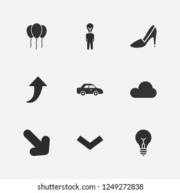 Best 9 light icon set. man idea, balloon, lamp and car vector illustration