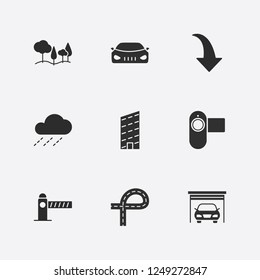 Best 9 light icon set. forest, road, garage and arrow vector illustration