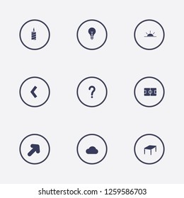 Best 9 light icon set. lamp, candle, arrow and stadium vector illustration