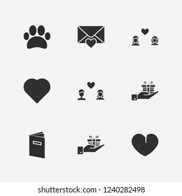 Best 9 love icon set. love message, lesbian love, paw and hand in gift vector illustration