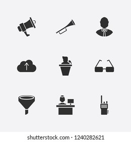 Best 9 man icon set. computer worker, walkie talkie, glasses and hand speaker vector illustration