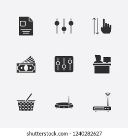 Best 9 man icon set. vertical scroll, router, equalizer and shopping basket vector illustration