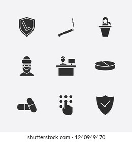 Best 9 man icon set. shield, computer worker, cigarette and drug vector illustration