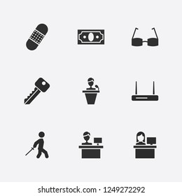 Best 9 man icon set. speaker man, key, glasses and money vector illustration