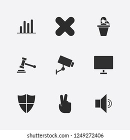 Best 9 man icon set. close, gavel, security camera and shield vector illustration