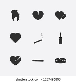 Best 9 medicine icon set. heart, broken heart, drug and cigarette vector illustration