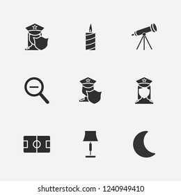 Best 9 night icon set. police, lampshades, zoom out and telescope vector illustration