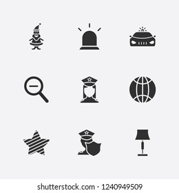 Best 9 night icon set. flasher, globe, police and lampshades vector illustration