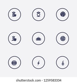 Best 9 night icon set. police car, flash, earth and volleyball vector illustration