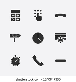 Best 9 number icon set. handset, credit card setting, new year billboard arrow and handset down vector illustration