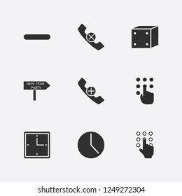 Best 9 number icon set. hand pressing number, handset, dice and new year billboard arrow vector illustration