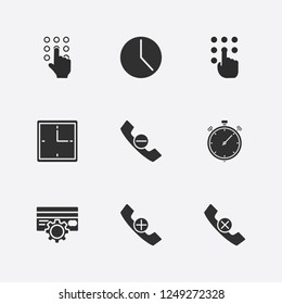 Best 9 number icon set. stopwatch, handset close, credit card setting and clock vector illustration