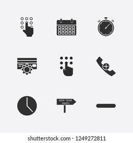 Best 9 number icon set. handset, new year billboard arrow, stopwatch and credit card setting vector illustration