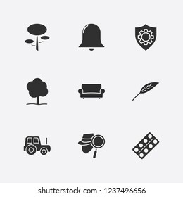 Best 9 plant icon set. leaf, shield setting, drug pack and tree vector illustration