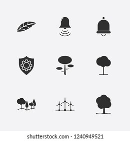 Best 9 plant icon set. shield setting, bell, forest and leaf vector illustration