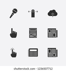 Best 9 press icon set. microphone, newspaper, cloud upload and click vector illustration