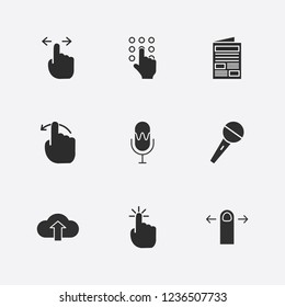 Best 9 press icon set. cloud upload, finger swipe, microphone and click vector illustration