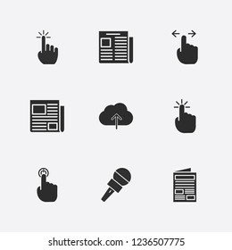 Best 9 press icon set. newspaper, cloud upload, finger swipe and microphone vector illustration