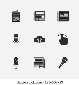 Best 9 press icon set. cloud upload, finger swipe, microphone and newspaper vector illustration