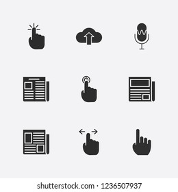 Best 9 press icon set. cloud upload, microphone, finger swipe and newspaper vector illustration