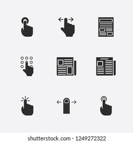 Best 9 press icon set. newspaper, finger swipe, hand pressing number and click vector illustration