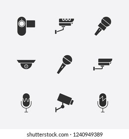 Best 9 record icon set. security camera, microphone and video camera vector illustration