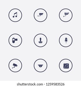 Best 9 record icon set. melody, security camera, video camera and stamp vector illustration